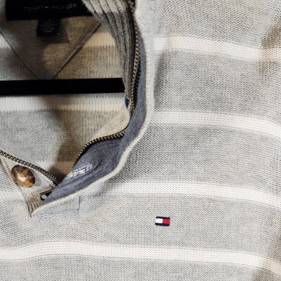 Tommy Hilfiger $90 Medium Gray Blue Striped 100% Cotton Quarter Zip Sweater - Picture 4 of 9